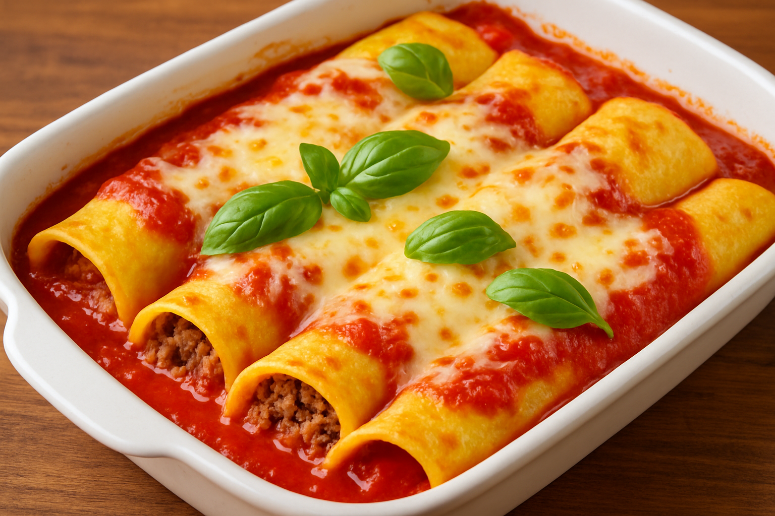 Panqueca Recheada de Carne Moída com Molho de Tomate e Queijo